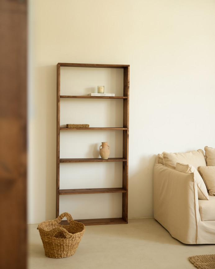 Solid walnut tone wooden shelving unit with 4 shelves