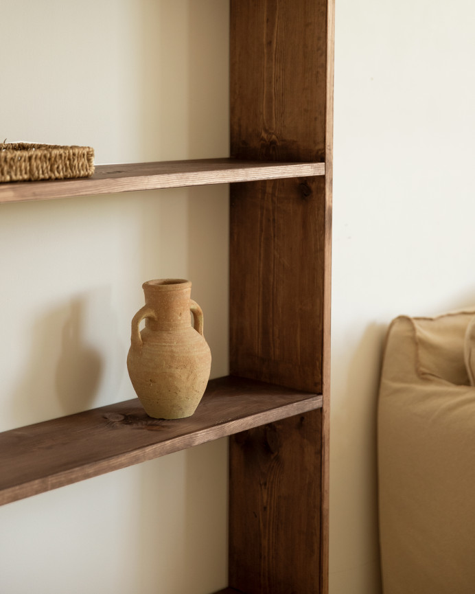 Solid walnut tone wooden shelving unit with 4 shelves