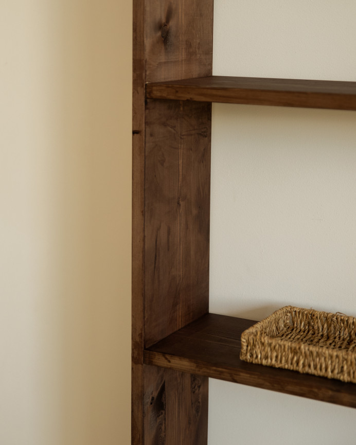 Solid walnut tone wooden bookcase with 3 shelves.