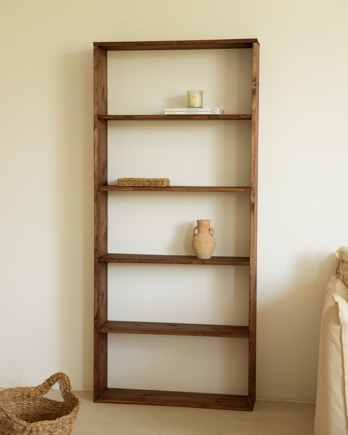 Solid walnut tone wooden shelving unit with 4 shelves