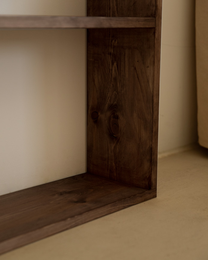 Solid walnut tone wooden shelving unit with 4 shelves