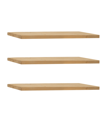 Pack of 3 solid wood floating shelves in medium oak finish, various sizes.