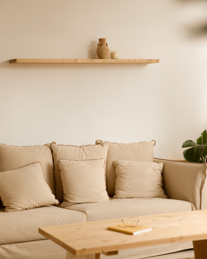 Pack of 3 solid wood floating shelves in medium oak finish, various sizes.
