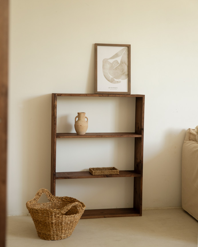 Solid walnut tone wooden shelf with 2 shelves