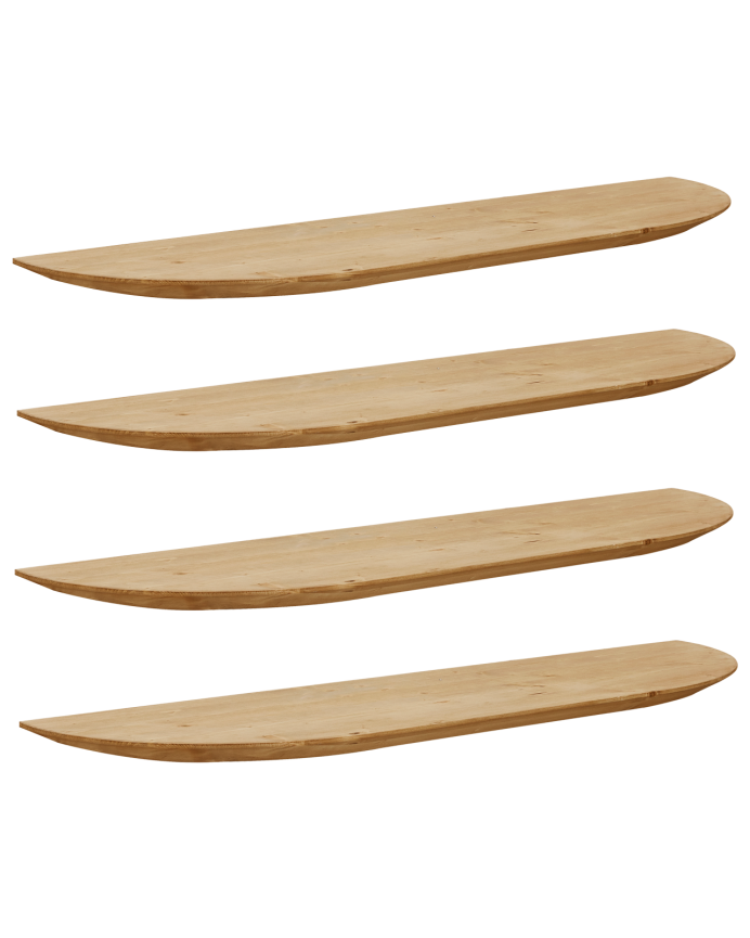 Pack of 4 solid wood rounded floating shelves in medium oak tone various sizes.