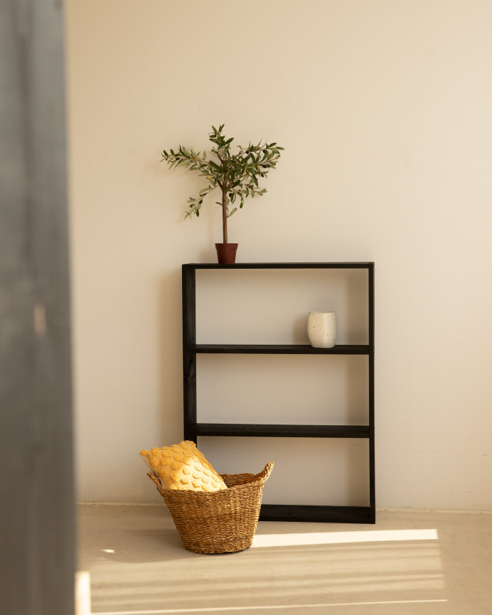 Solid wood black-toned bookshelf with 2 shelves