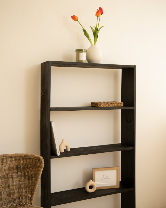 Solid wood black-tone shelving unit with 3 shelves