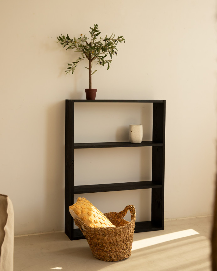 Solid wood black-toned bookshelf with 2 shelves