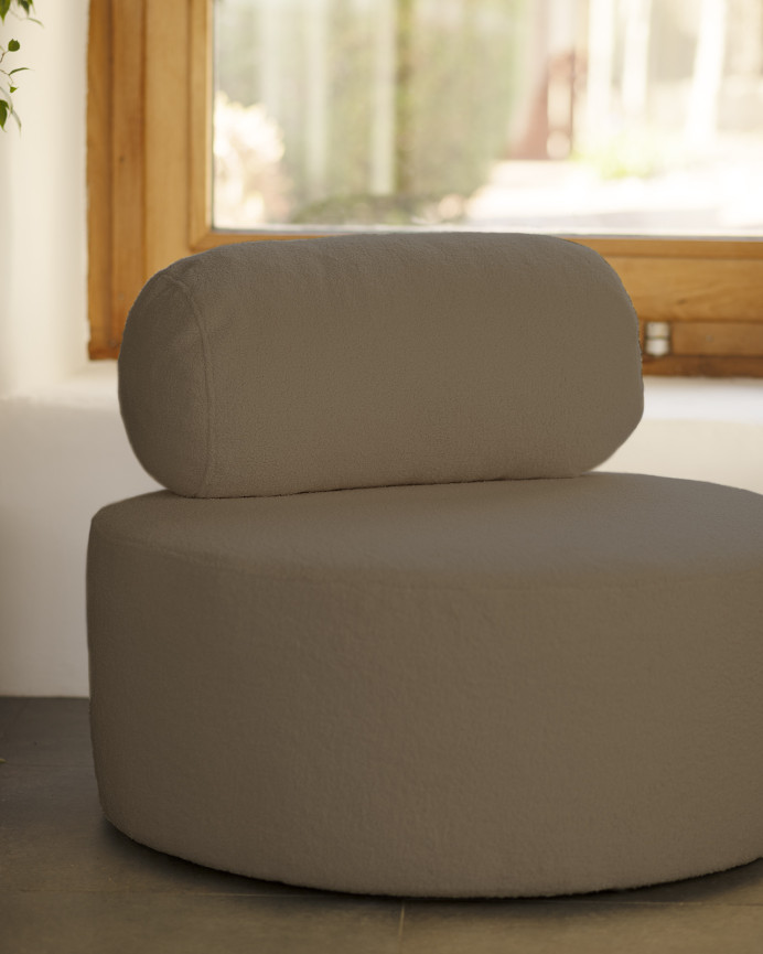 Round brown bouclé armchair measuring 91x71cm.
