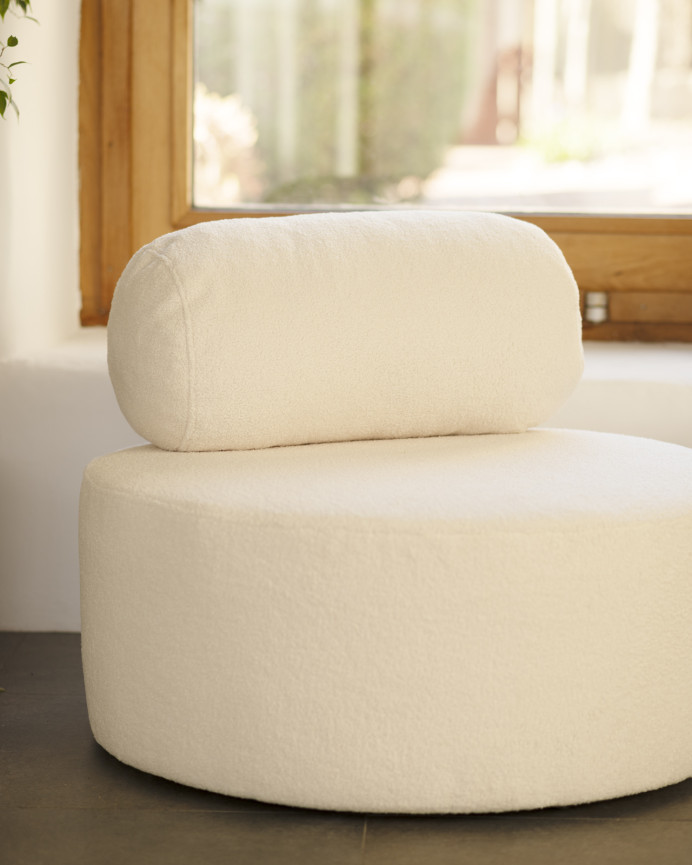 Round white boucle armchair measuring 91x71cm.