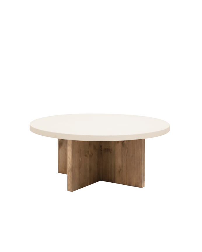 Round microcement coffee table in off-white tone with dark oak wood legs in various sizes.