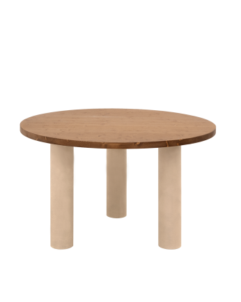 Round solid oak wood dining table with dark oak tone and earth-tone microcement legs available in various sizes.