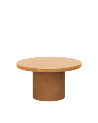 Round solid wood coffee table in a medium oak tone and terracotta microcement leg in various sizes.