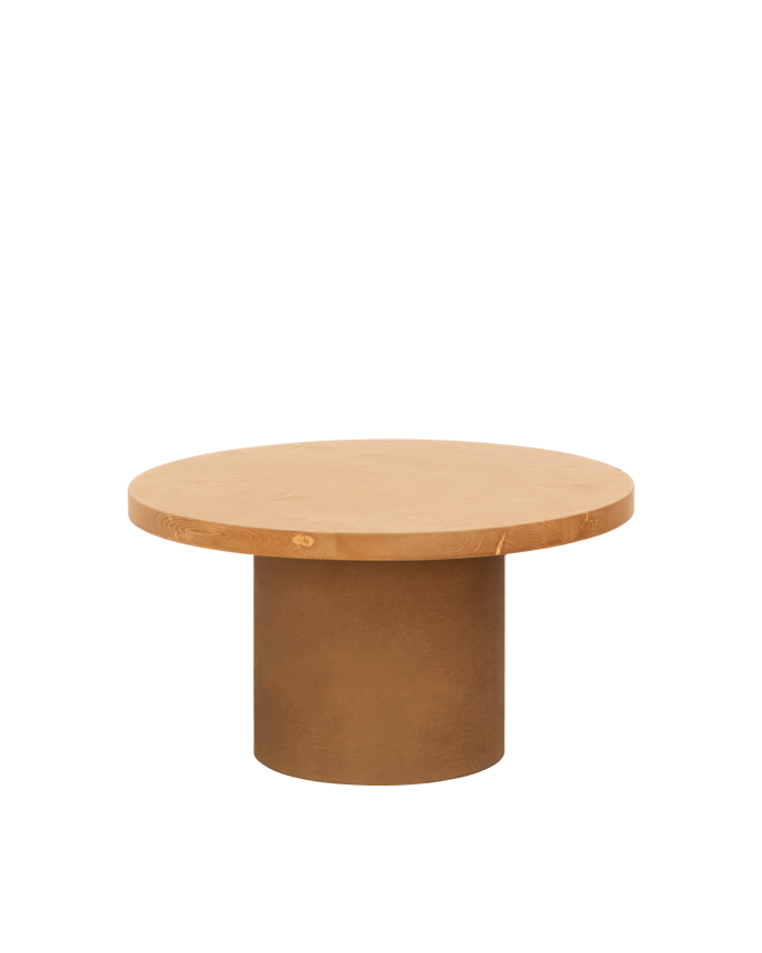 Round solid wood coffee table in a medium oak tone and terracotta microcement leg in various sizes.