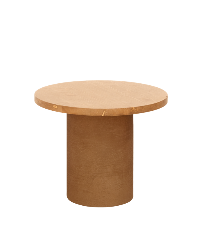 Round solid wood coffee table in a medium oak tone and terracotta microcement leg in various sizes.