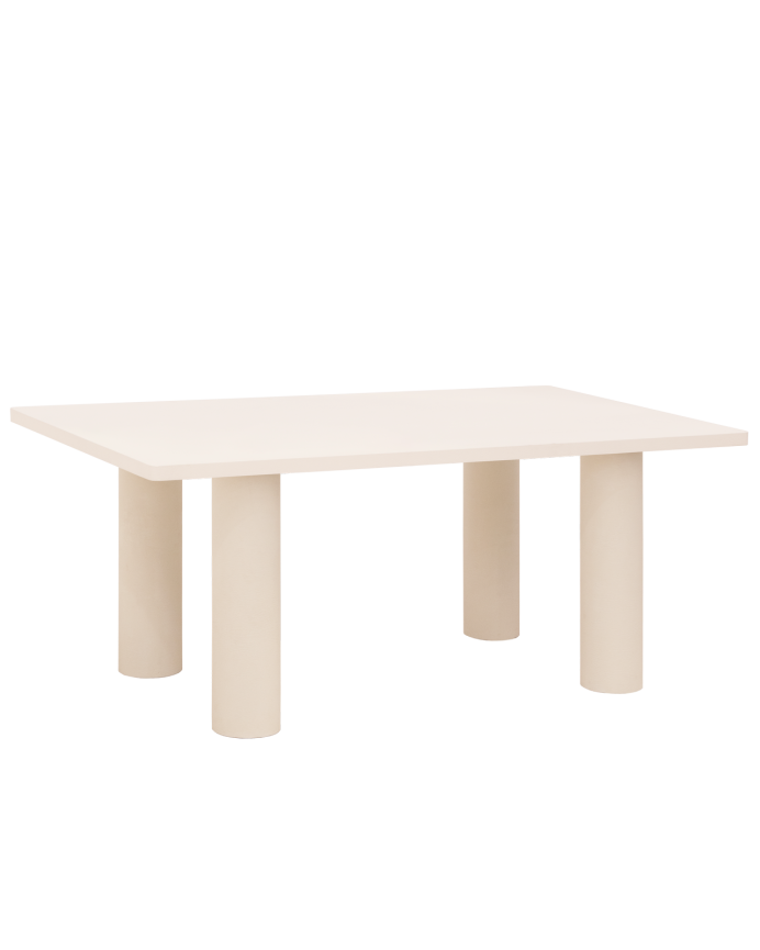 Rectangular dining table made of microcement in an off-white tone, available in various sizes.