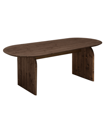 Oval solid wood dining table in walnut tone, available in various sizes.