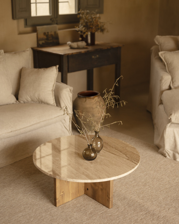 Round center table with daino reale marble top and solid wood legs in various sizes.
