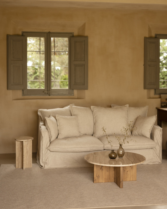 Round center table with daino reale marble top and solid wood legs in various sizes.
