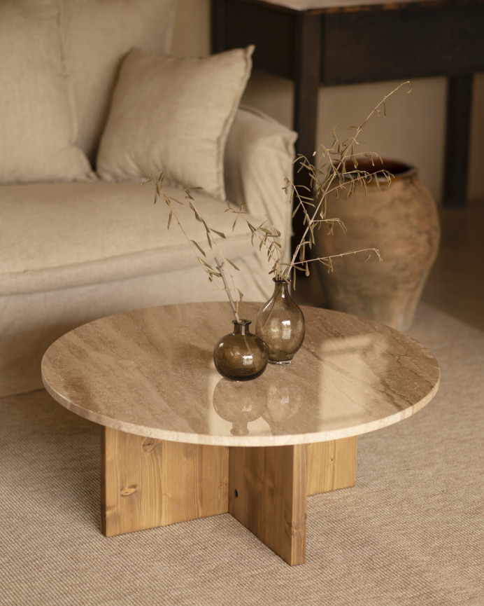 Round center table with daino reale marble top and solid wood legs in various sizes.
