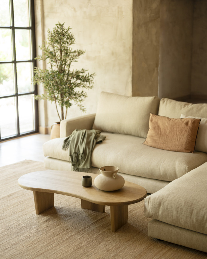 Solid poplar wood organic-shaped coffee table with three 120cm legs