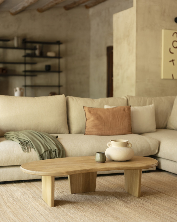 Solid poplar wood organic-shaped coffee table with three 120cm legs