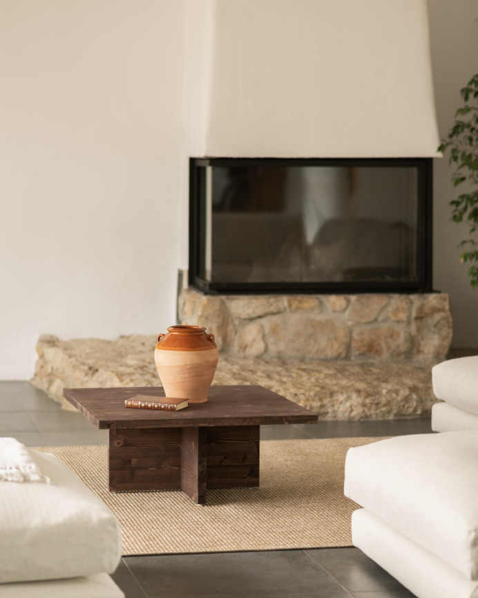 Solid walnut square coffee table measuring 80x80cm.