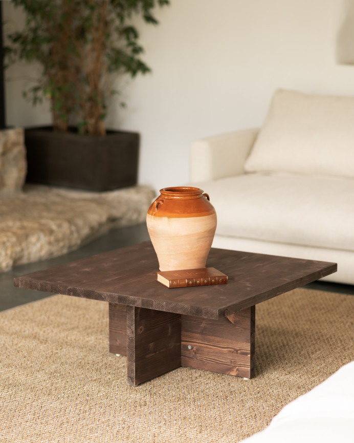 Solid walnut square coffee table measuring 80x80cm.