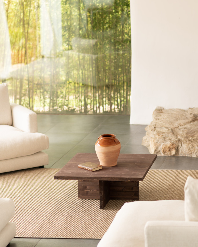 Solid walnut square coffee table measuring 80x80cm.