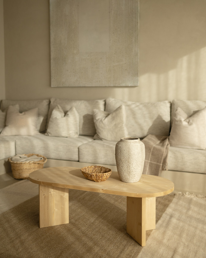 Solid wood coffee table in medium oak tone measuring 120cm.