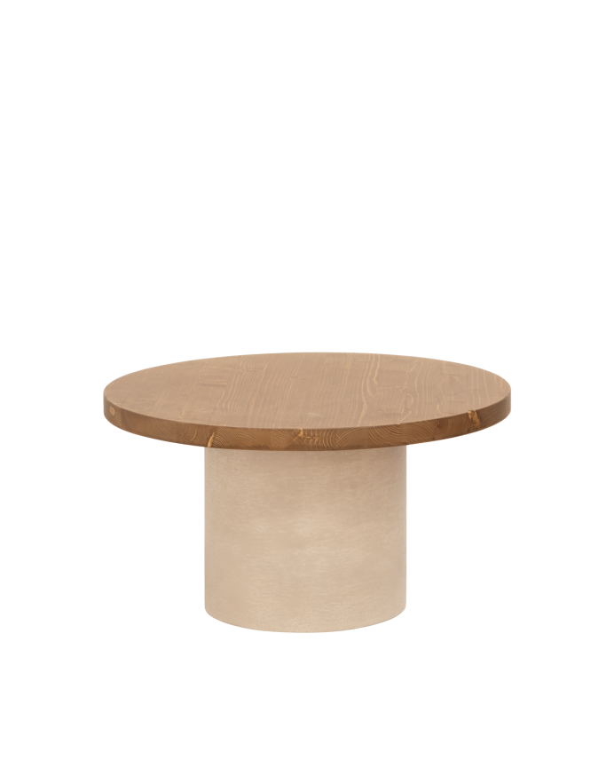 Round solid wood coffee table in a dark oak tone with a earth-tone microcement leg, available in various sizes.