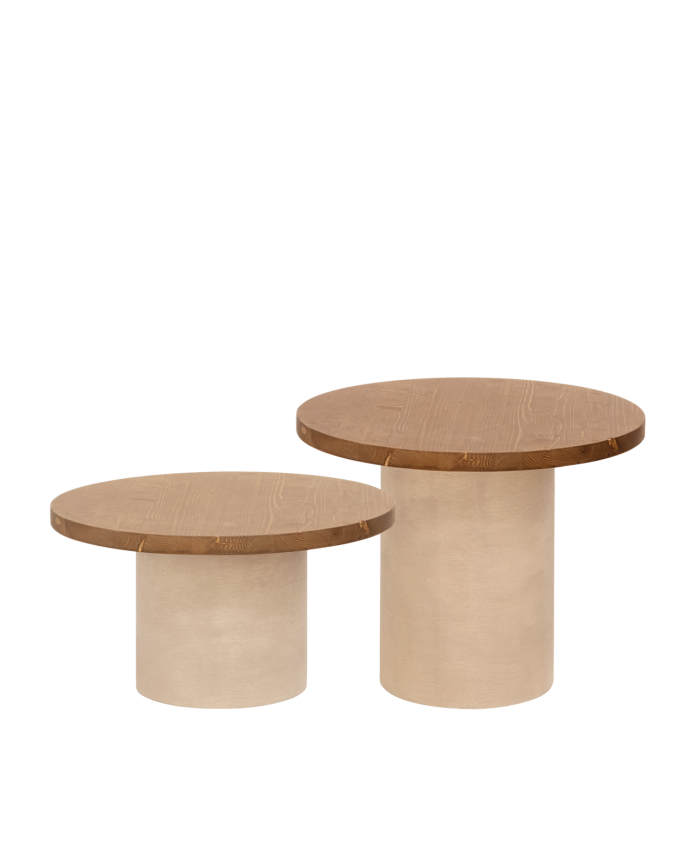 Round solid wood coffee table in a dark oak tone with a earth-tone microcement leg, available in various sizes.