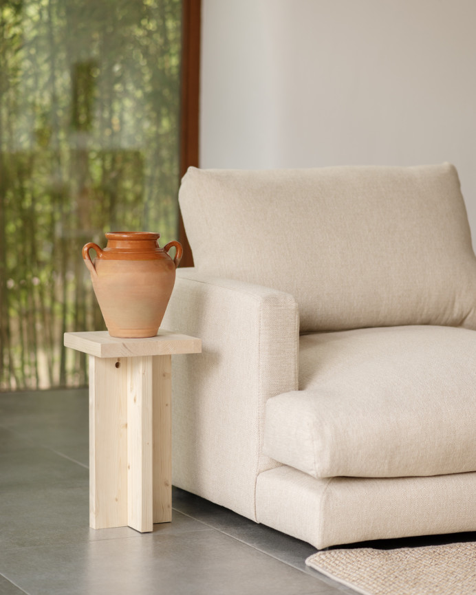 Solid wood side table in natural tone measuring 25x25cm.