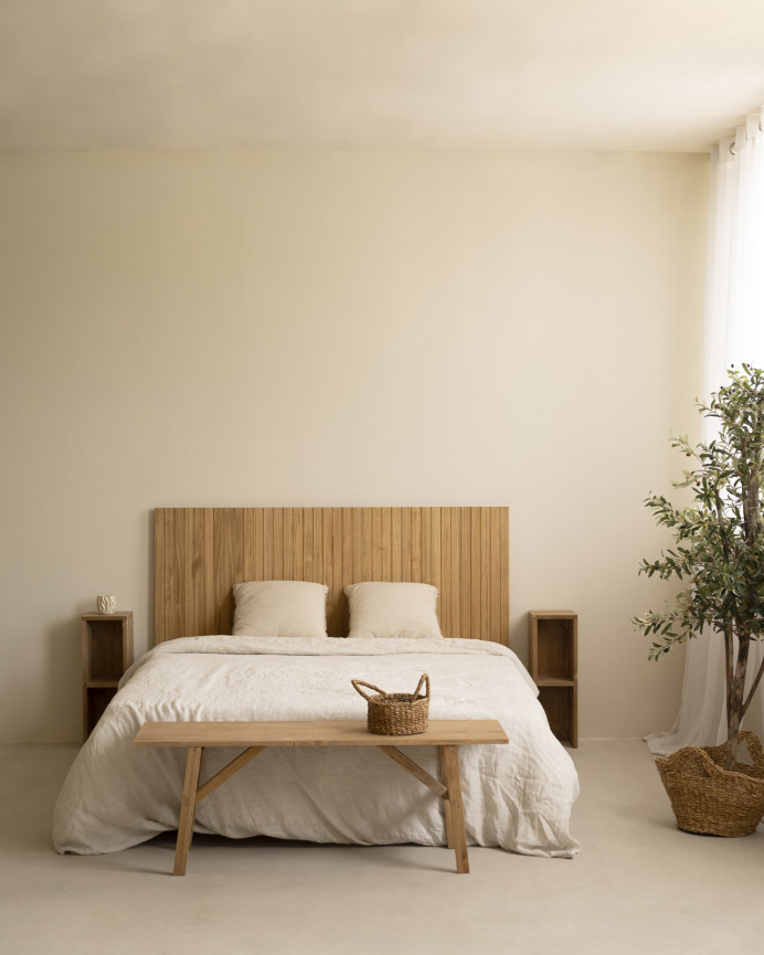 Slotted solid wood headboard in medium oak tone in various sizes.