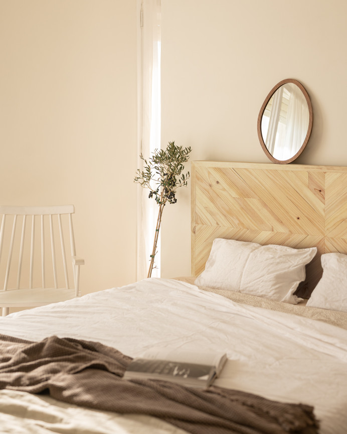 Solid wood ethnic style headboard in natural tone measuring 80x165cm.