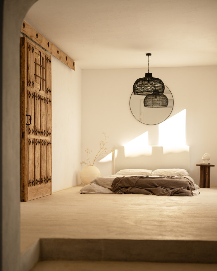 Upholstered cotton headboard in bone color available in various sizes.