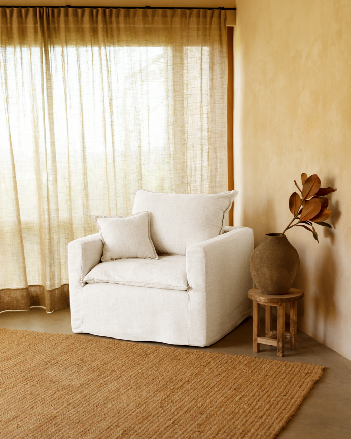 Removable white cotton and linen armchair cover, 109x96cm