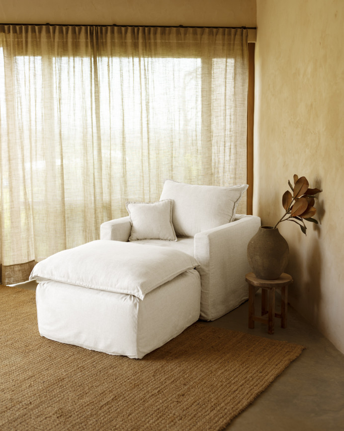 Removable white cotton and linen armchair cover, 109x96cm