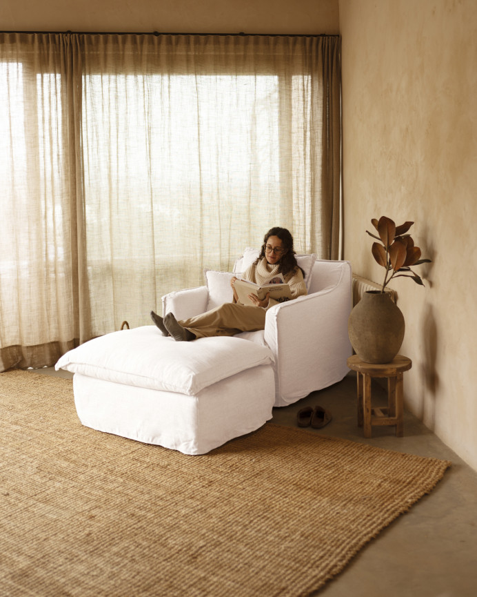 Cotton and linen removable white pouf measuring 90x72cm