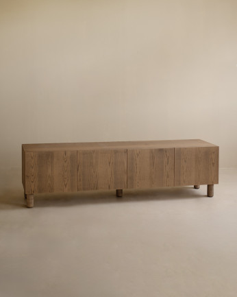 TV cabinet made of natural ash wood veneer in hazelnut tone, available in various sizes.