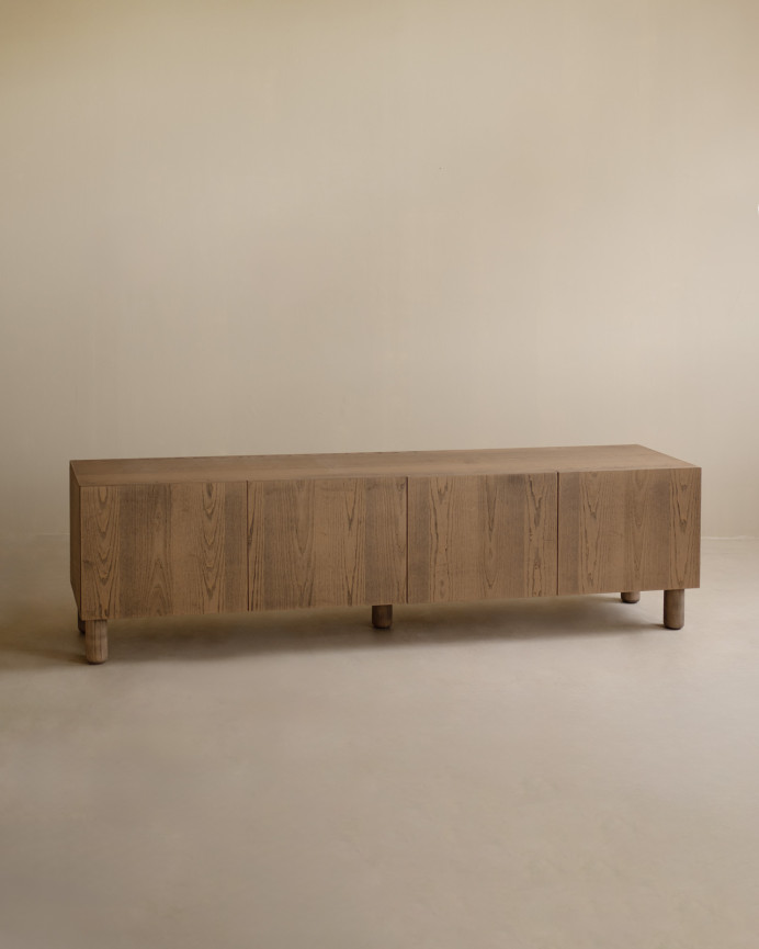 TV cabinet made of natural ash wood veneer in hazelnut tone, available in various sizes.