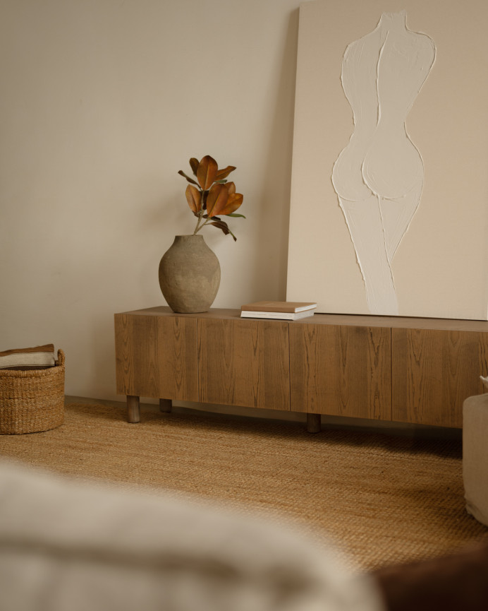 TV cabinet made of natural ash wood veneer in hazelnut tone, available in various sizes.