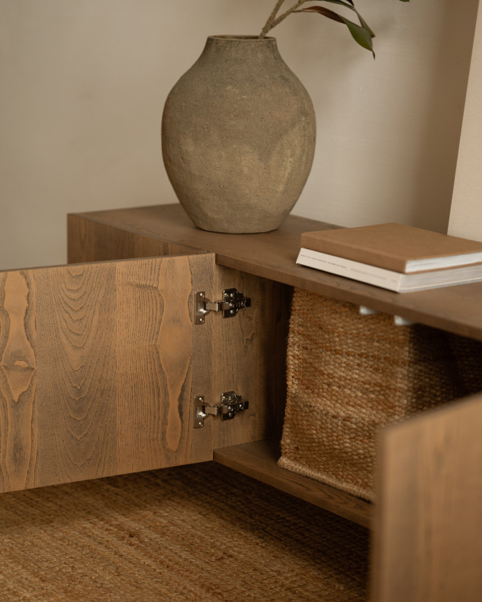TV cabinet made of natural ash wood veneer in hazelnut tone, available in various sizes.
