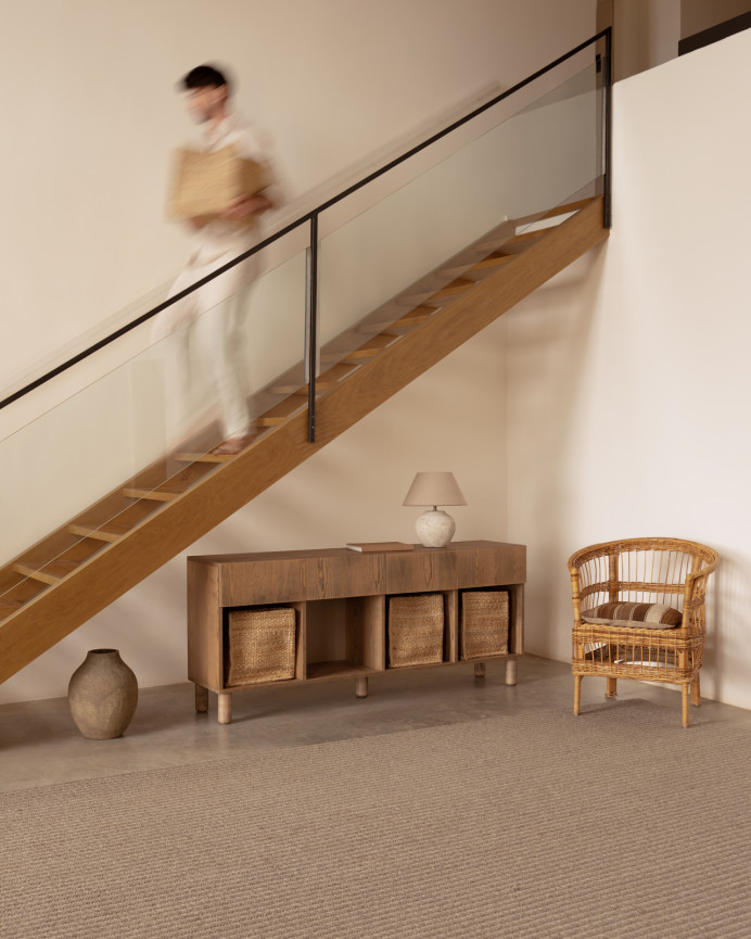 Sideboard with 4 drawers made of natural ash wood veneer in hazelnut tone, measuring 176x40cm.