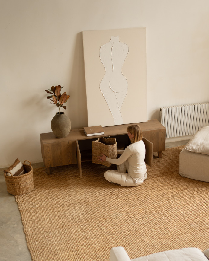TV cabinet made of natural ash wood veneer in hazelnut tone, available in various sizes.