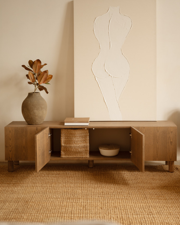 TV cabinet made of natural ash wood veneer in hazelnut tone, available in various sizes.