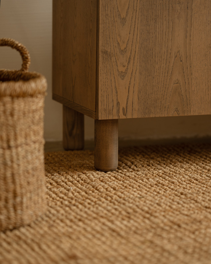 TV cabinet made of natural ash wood veneer in hazelnut tone, available in various sizes.