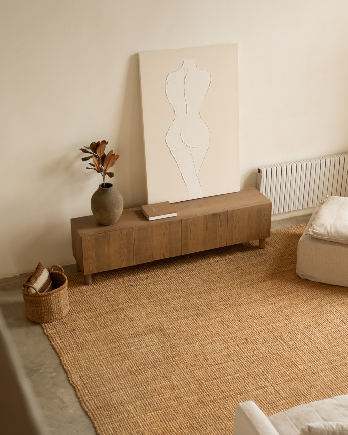 TV cabinet made of natural ash wood veneer in hazelnut tone, available in various sizes.