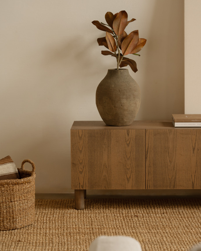 TV cabinet made of natural ash wood veneer in hazelnut tone, available in various sizes.