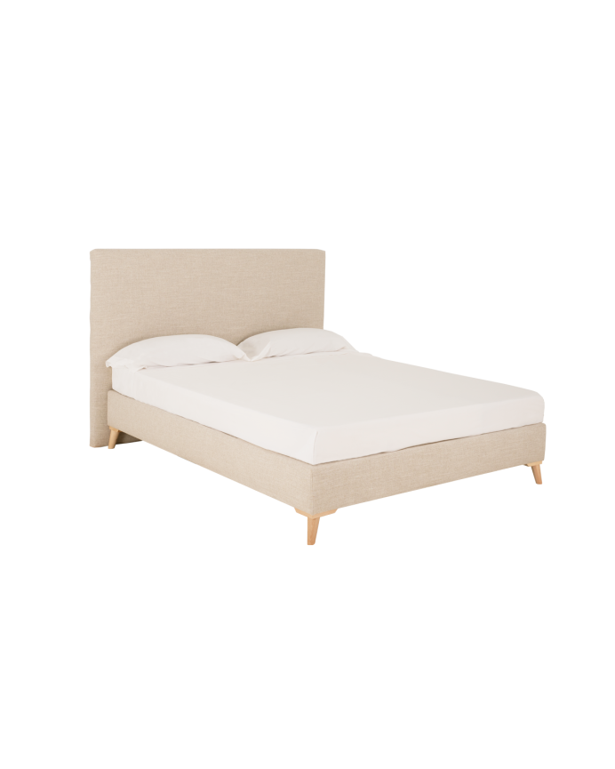 Upholstered beige linen bed frame for mattress of various sizes.